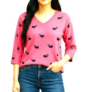 Alexandra Bartlett Pink Whale Print V-Neck Sweater Preppy Coastal Nautical SP